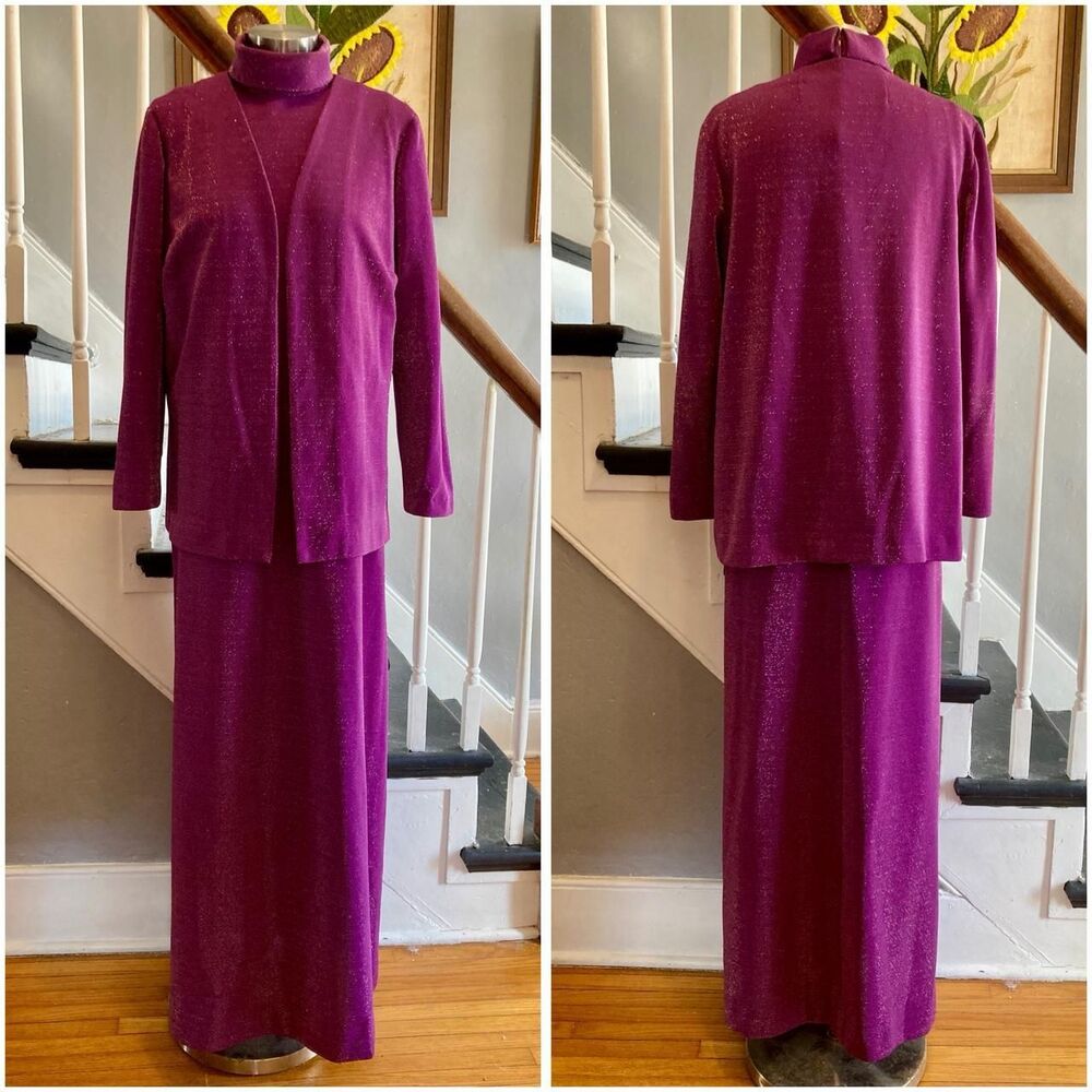 1970s Women's Purple and Gold Dress